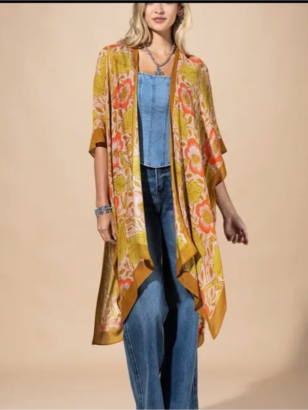 Boho Orange & Blue Paisley Kimono Cardigan